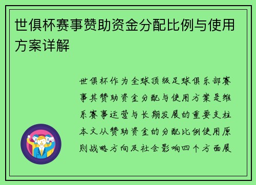 世俱杯赛事赞助资金分配比例与使用方案详解